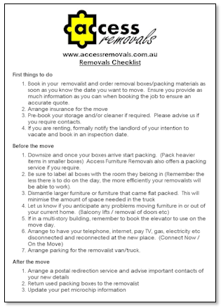 Sydney removals checklist